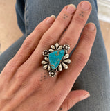 The Flora Ring 1- Natural Royston Turquoise and Sterling Silver- Finished to Size or as a Pendant