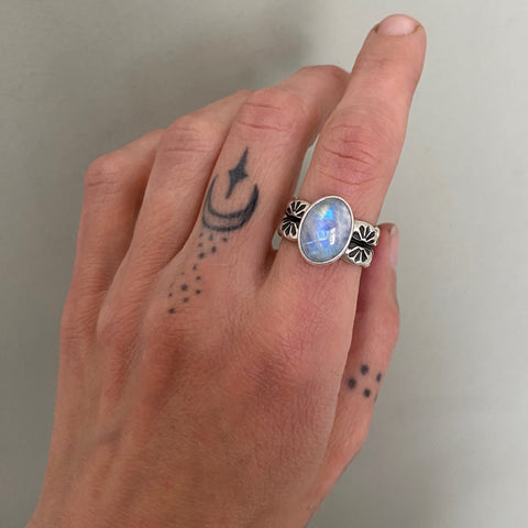 The Reflection Ring- Rainbow Moonstone and Stamped Sterling Silver- Size 7.5
