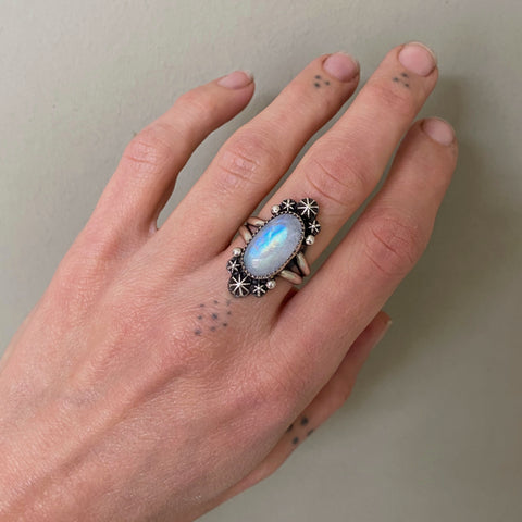 Celestial Rainbow Moonstone Ring- Size 7- Rainbow Moonstone and Sterling Silver