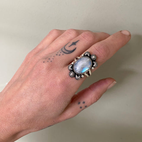 Celestial Rainbow Moonstone Ring- Size 8- Rainbow Moonstone and Sterling Silver