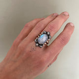 Celestial Rainbow Moonstone Ring- Size 8- Rainbow Moonstone and Sterling Silver