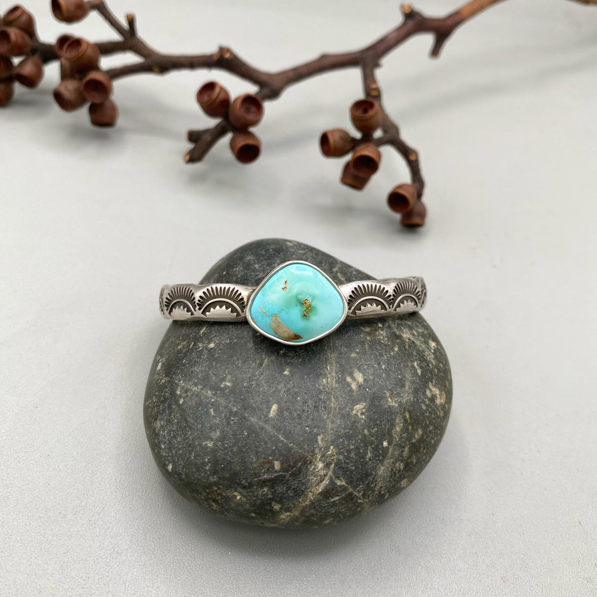 Heavyweight Stamped Cuff- Size XS/S- Natural Royston Turquoise and