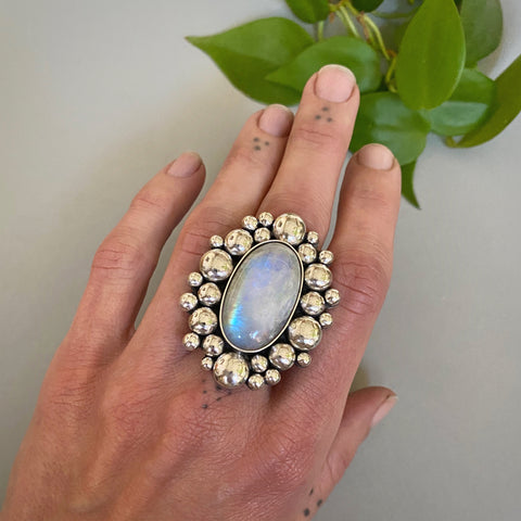 The Rainbow Supernova Ring- Rainbow Moonstone and Sterling Silver- Finished to Size or as a Pendant