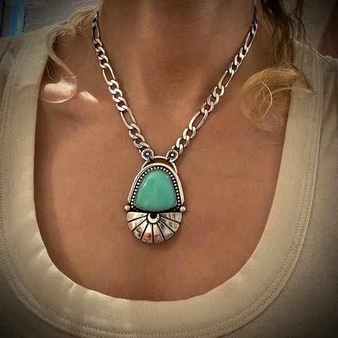 The Cosmic Portal Necklace- Chrysoprase and Sterling Silver - 16-19" Sterling Figaro Chain