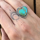 Kingman Turquoise Heart Ring- Sterling SIlver Stamped Band Size 6.5-6.75