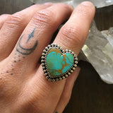 Kingman Turquoise Heart Ring- Sterling SIlver Stamped Band Size 6.5-6.75