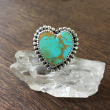 Kingman Turquoise Heart Ring- Sterling SIlver Stamped Band Size 6.5-6.75