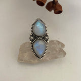 Celestial Double Moonstone Ring- Size 6.5- Sterling Silver and Rainbow Moonstone