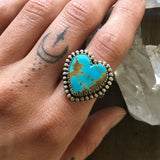 Kingman Turquoise Heart Ring- Sterling SIlver Stamped Band Size 7.5-7.75