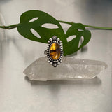 Celestial Amber Ring- Size 7- Hand Stamped Sterling Silver and Mayan Amber
