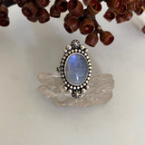 Celestial Rainbow Moonstone Ring- Size 7- Hand Stamped Sterling Silver