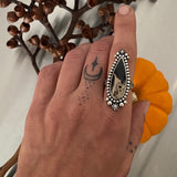 Celestial Palm Root Ring- Size 7- Hand Stamped Sterling Silver and Petrified Palm Root