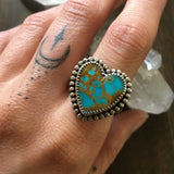 Kingman Turquoise Heart Ring- Sterling SIlver Stamped Band Size 8.75-9