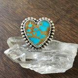Kingman Turquoise Heart Ring- Sterling SIlver Stamped Band Size 8.75-9