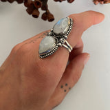 Celestial Double Moonstone Ring- Size 8.5- Sterling Silver and Rainbow Moonstone