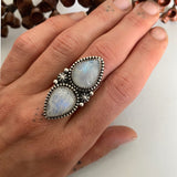 Celestial Double Moonstone Ring- Size 8.5- Sterling Silver and Rainbow Moonstone