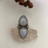 Celestial Double Moonstone Ring- Size 8.5- Sterling Silver and Rainbow Moonstone