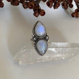 Celestial Double Moonstone Ring- Size 8.5- Sterling Silver and Rainbow Moonstone
