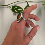 Celestial Amber Ring- Size 9- Hand Stamped Sterling Silver and Mayan Amber