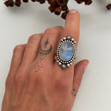 Celestial Rainbow Moonstone Ring- Size 9.25- Hand Stamped Sterling Silver