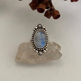 Celestial Rainbow Moonstone Ring- Size 9.25- Hand Stamped Sterling Silver