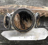 Large 3-Stone Petrified Palm Root Cuff- Sterling Silver and Indonesian Palm Root- Hand Stamped