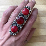 Huge Ornate 3-Stone Rosarita Ring- Sterling Silver and Red Rosarita- Finished to Size or as a Pendant
