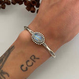 Stamped Stacker Cuff- Sterling Silver and Rainbow Moonstone Bracelet- Size M/L