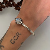 Stamped Stacker Cuff- Sterling Silver and Rainbow Moonstone Bracelet- Size M/L