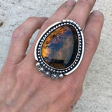 Large Celestial Amber Statement Ring- Sterling Silver and Mayan Amber - Finished to Size