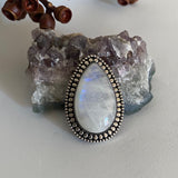 Large Rainbow Moonstone Statement Ring or Pendant- Sterling Silver and Rainbow Moonstone- Finished to Size