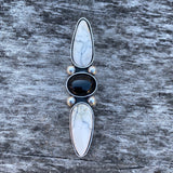 White Buffalo and Onyx 3-stone Ring- Sterling Silver and White Buffalo- Finished to Size or as a Pendant
