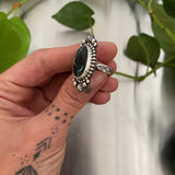 Celestial Turquoise Ring- Size 8- Hand Stamped Sterling Silver and Sierra Nevada Ribbon Turquoise