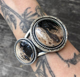 Large 3-Stone Petrified Palm Root Cuff- Sterling Silver and Indonesian Palm Root- Hand Stamped