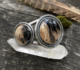 Large 3-Stone Petrified Palm Root Cuff- Sterling Silver and Indonesian Palm Root- Hand Stamped