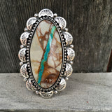 Huge Royston Ribbon Turquoise Hand Stamped Ring or Pendant- Sterling Silver Overlay Ring- Finished to Size