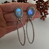 Large Moonstone Hoop Earrings- Sterling Silver and Rainbow Moonstone