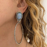 Large Moonstone Hoop Earrings- Sterling Silver and Rainbow Moonstone