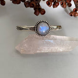 Stamped Wide Stacker Cuff- Sterling Silver and Rainbow Moonstone Bracelet- Size M/L