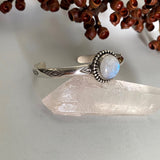 Stamped Wide Stacker Cuff- Sterling Silver and Rainbow Moonstone Bracelet- Size M/L