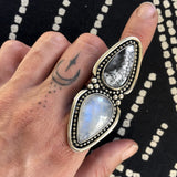 Huge Two-Stone Moonstone and Dendritic Opal Ring- Snow Queen Ring- Finished to Size