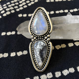 Huge Two-Stone Moonstone and Dendritic Opal Ring- Snow Queen Ring- Finished to Size