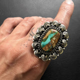 Ornate Royston Ribbon Turquoise Ring- Sterling Silver and Royston Turquoise Overlay Statement Ring- Finished to Size or as Pendant