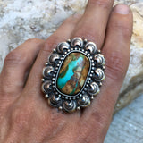Ornate Royston Ribbon Turquoise Ring- Sterling Silver and Royston Turquoise Overlay Statement Ring- Finished to Size or as Pendant