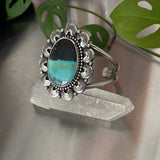 Large Endless Summer Ornate Overlay Cuff Bracelet- Sterling Silver and Blue Opal Petrified Wood- Size S/M