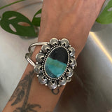 Large Endless Summer Ornate Overlay Cuff Bracelet- Sterling Silver and Blue Opal Petrified Wood- Size S/M