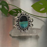 Large Endless Summer Ornate Overlay Cuff Bracelet- Sterling Silver and Blue Opal Petrified Wood- Size S/M