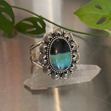Large Endless Summer Ornate Overlay Cuff Bracelet- Sterling Silver and Blue Opal Petrified Wood- Size S/M