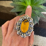 Amber Crescent Moon Overlay Ring- Sterling Silver and Mayan Amber - Finished to Size