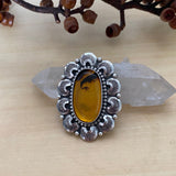 Amber Crescent Moon Overlay Ring- Sterling Silver and Mayan Amber - Finished to Size
